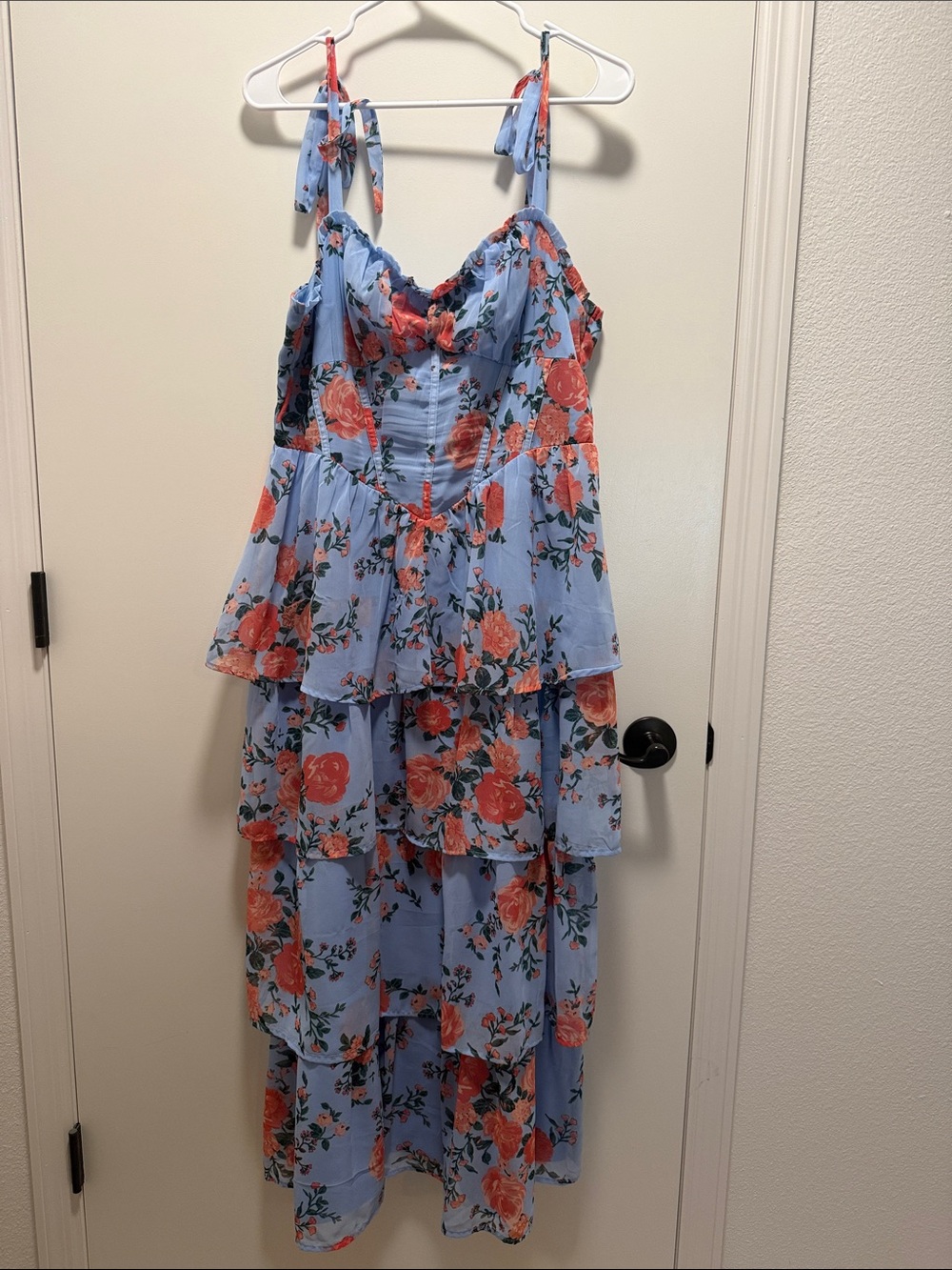 Crystal Doll Light Blue Floral Tiered Maxi Dress